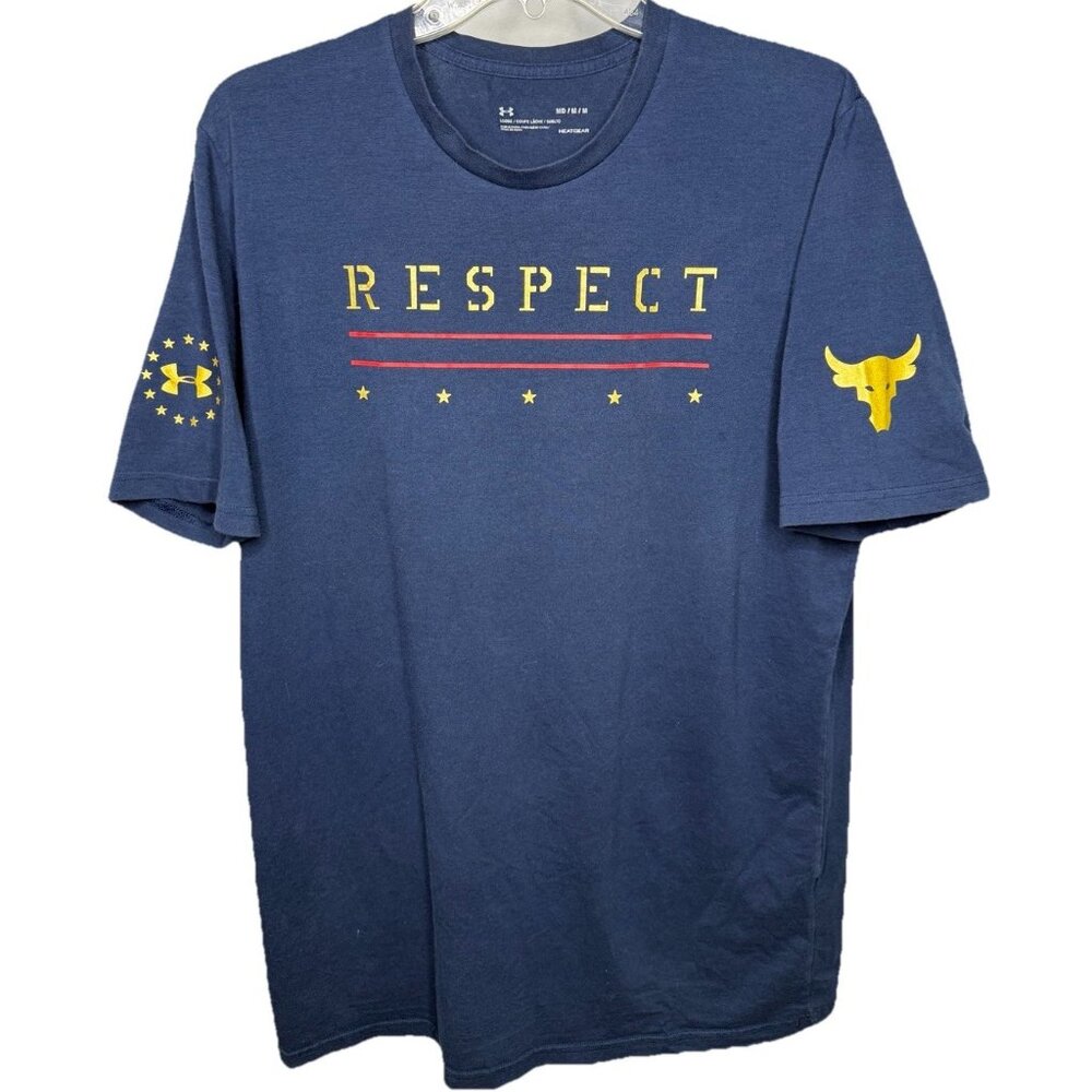 Under Armour‎ Project Rock Respect Mens Medium Tee Blue HeatGear Bull Logo Shirt